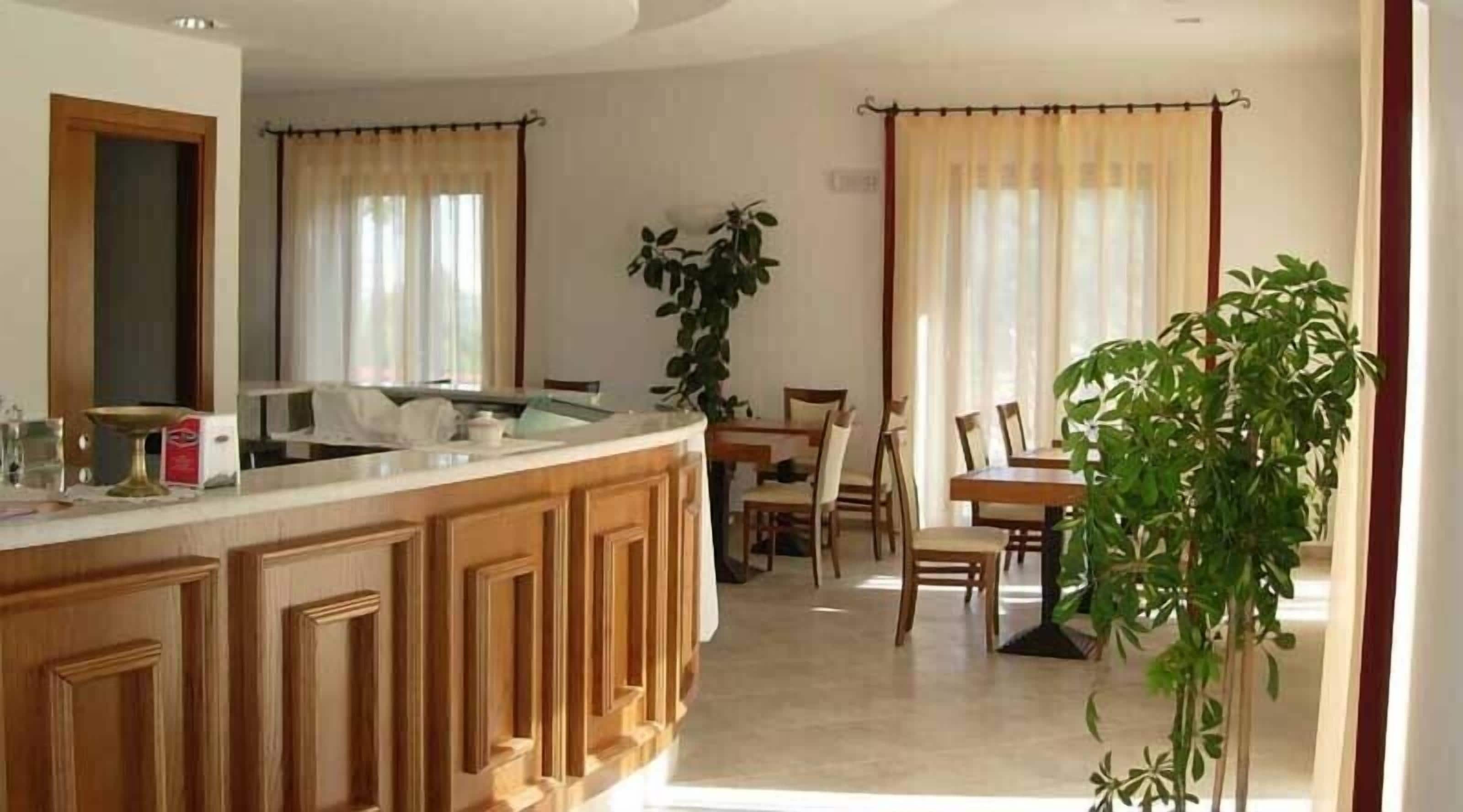 A kitchen with wooden cabinets, a dining area with a table and chairs, and a large potted plant.