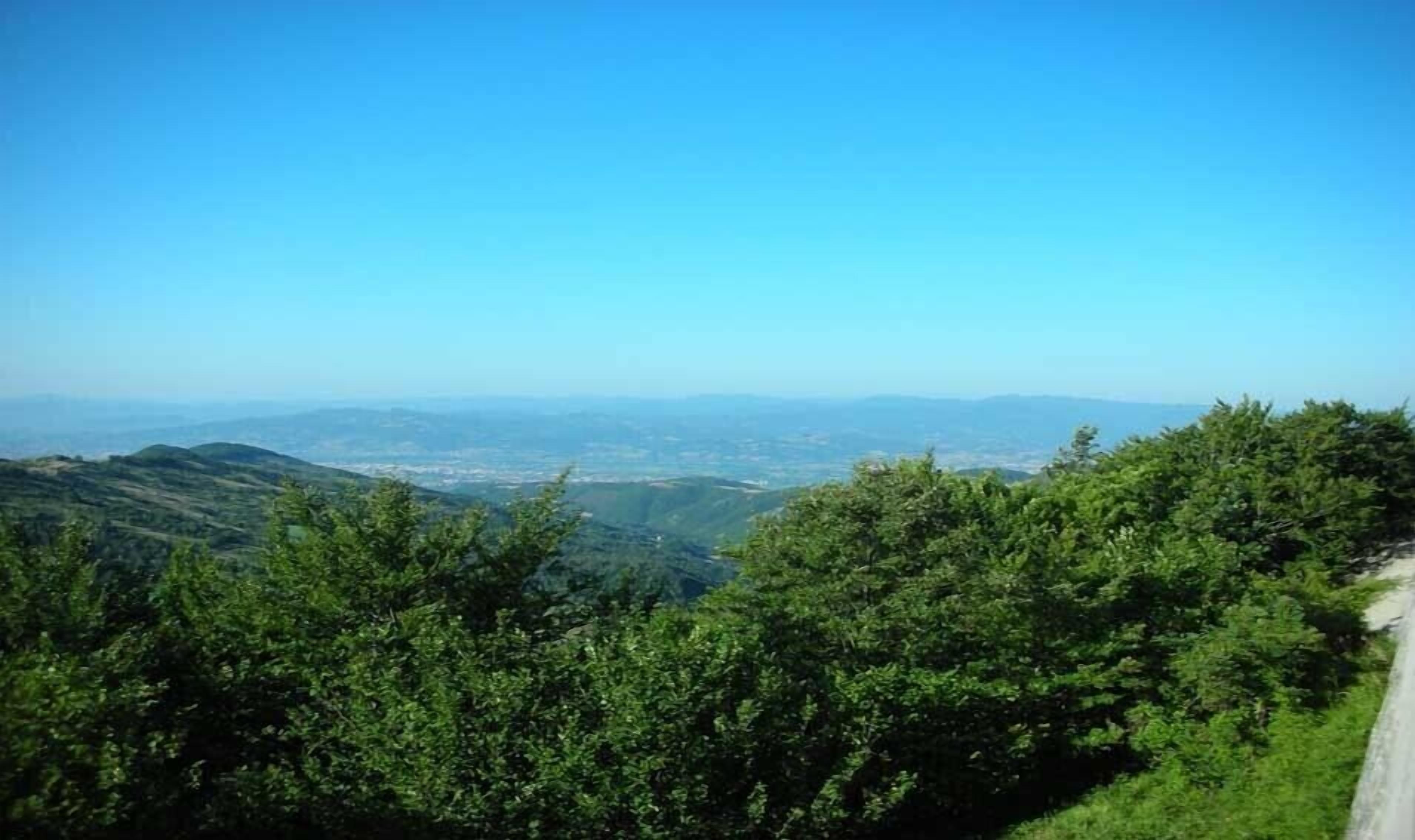 Un paisaje montañoso con abundante vegetación verde y un cielo azul despejado.