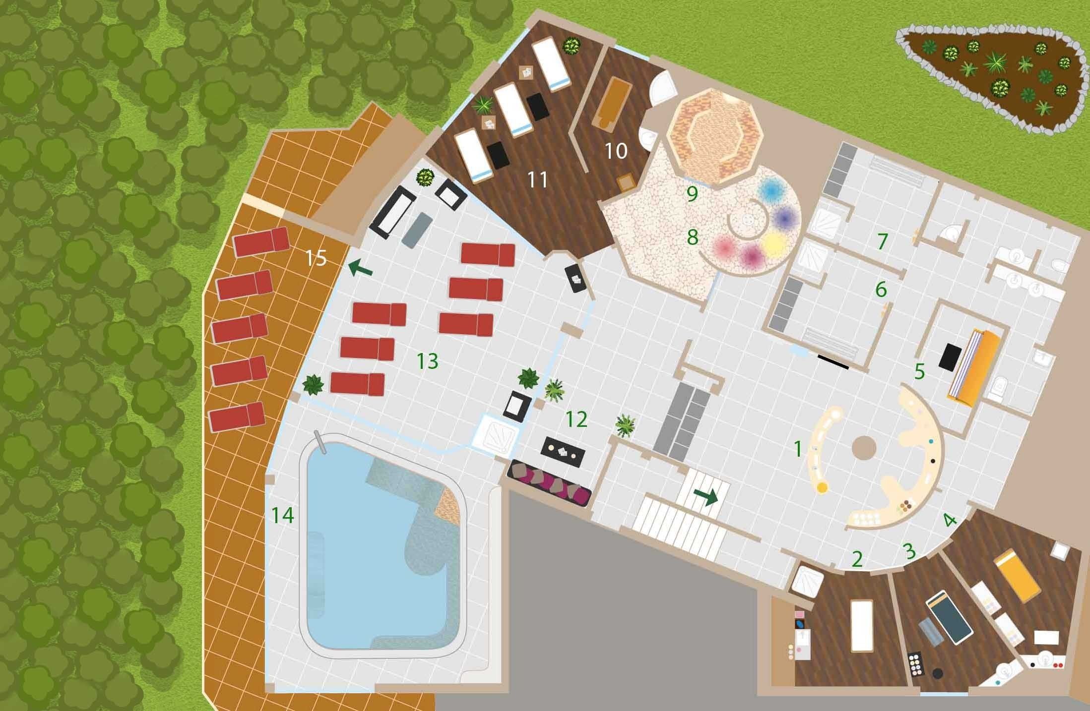 Distribución de un hotel con piscina, varias habitaciones, jardín y aparcamiento.