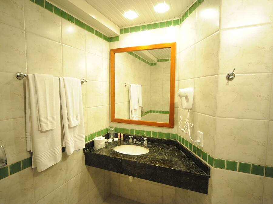 Baño con lavamanos, espejo y toallero.