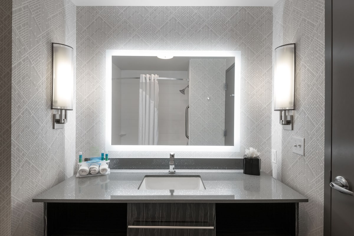 combined shower/bathtub, free toiletries, hair dryer, towels