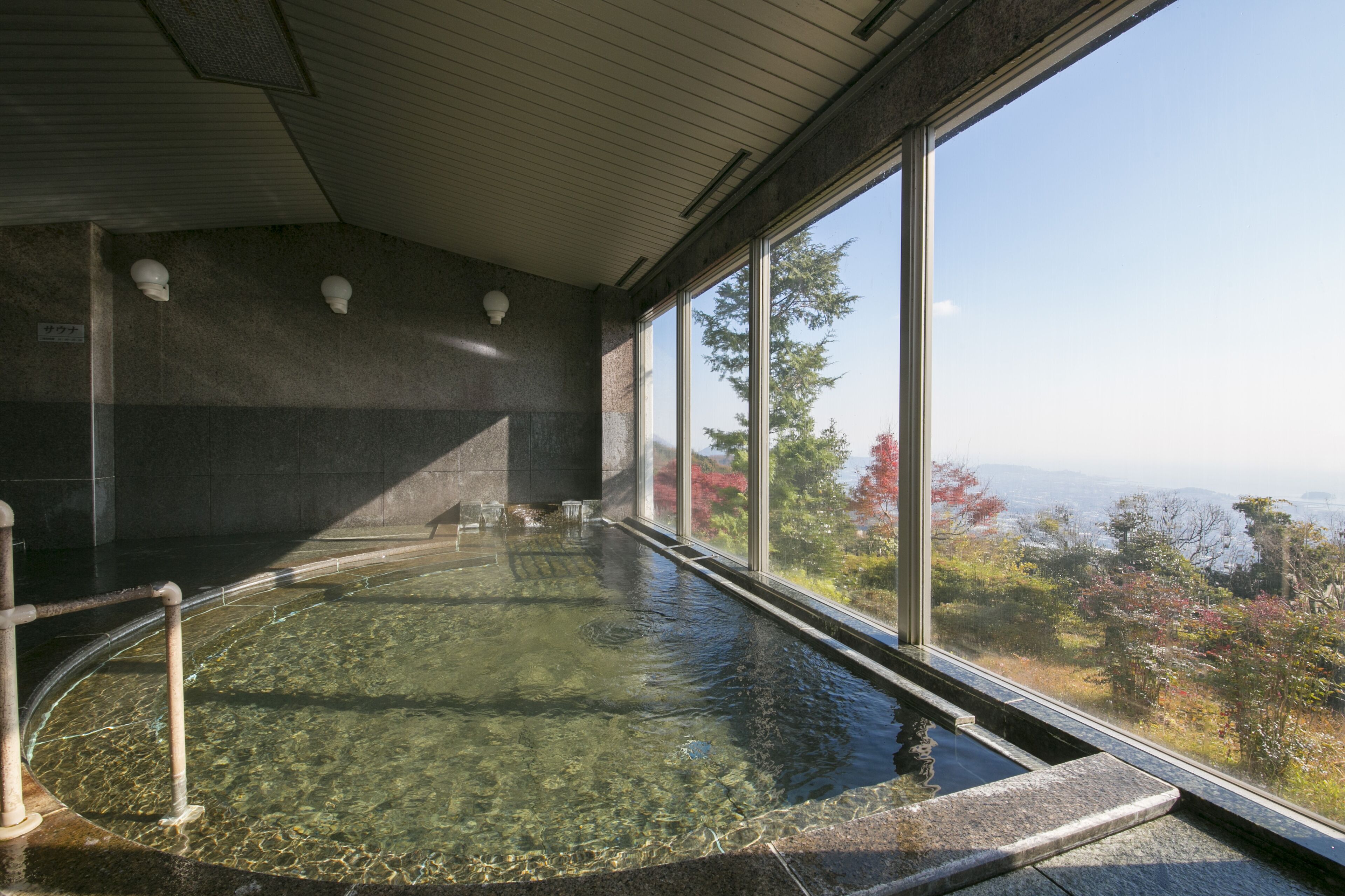 A hot spring bath with clear water, stone steps, and a view of trees and mountains through large windows.