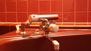 Un baño con grifo de cromo y pomo blanco.