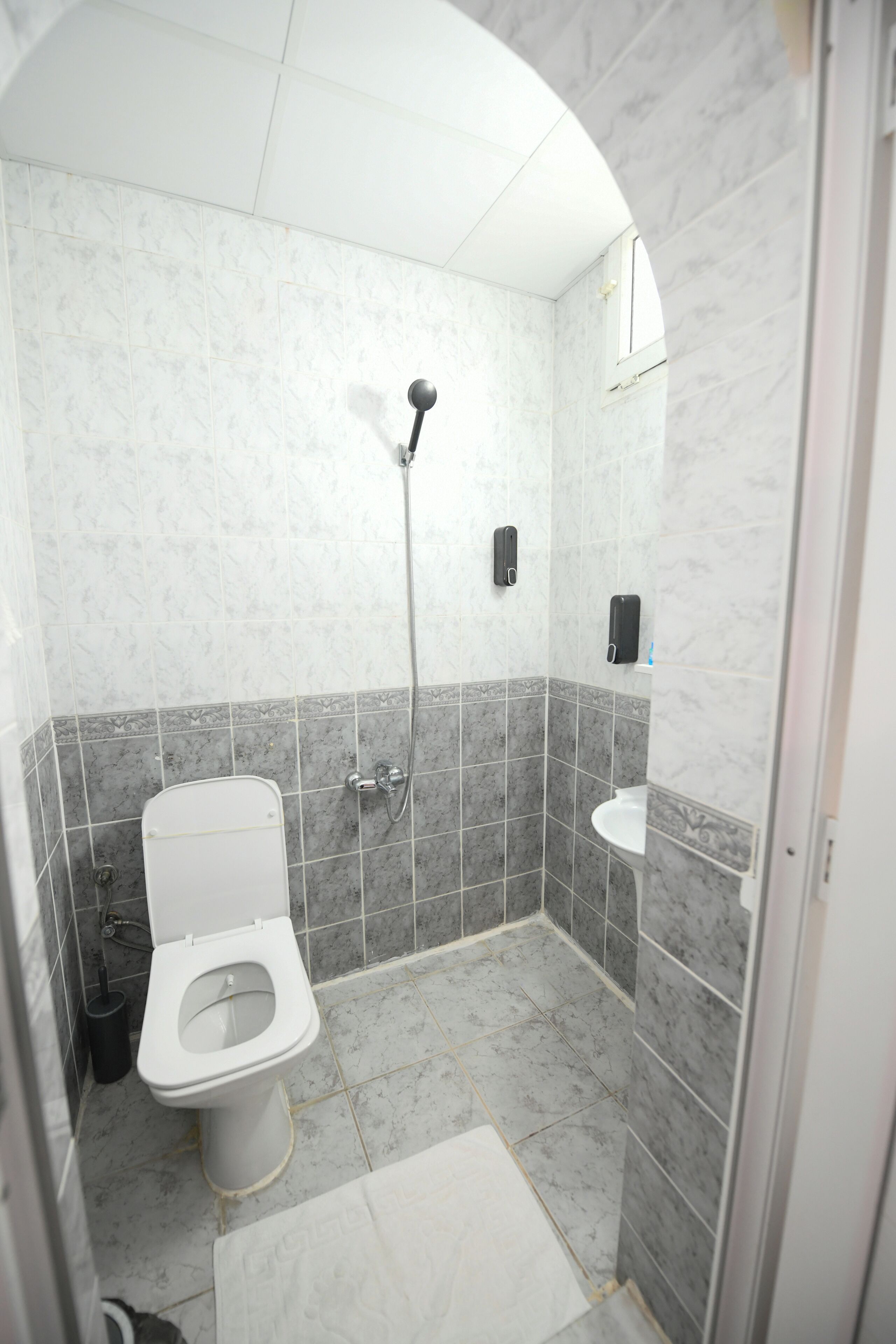 Een badkamer met toilet, douche en wastafel.