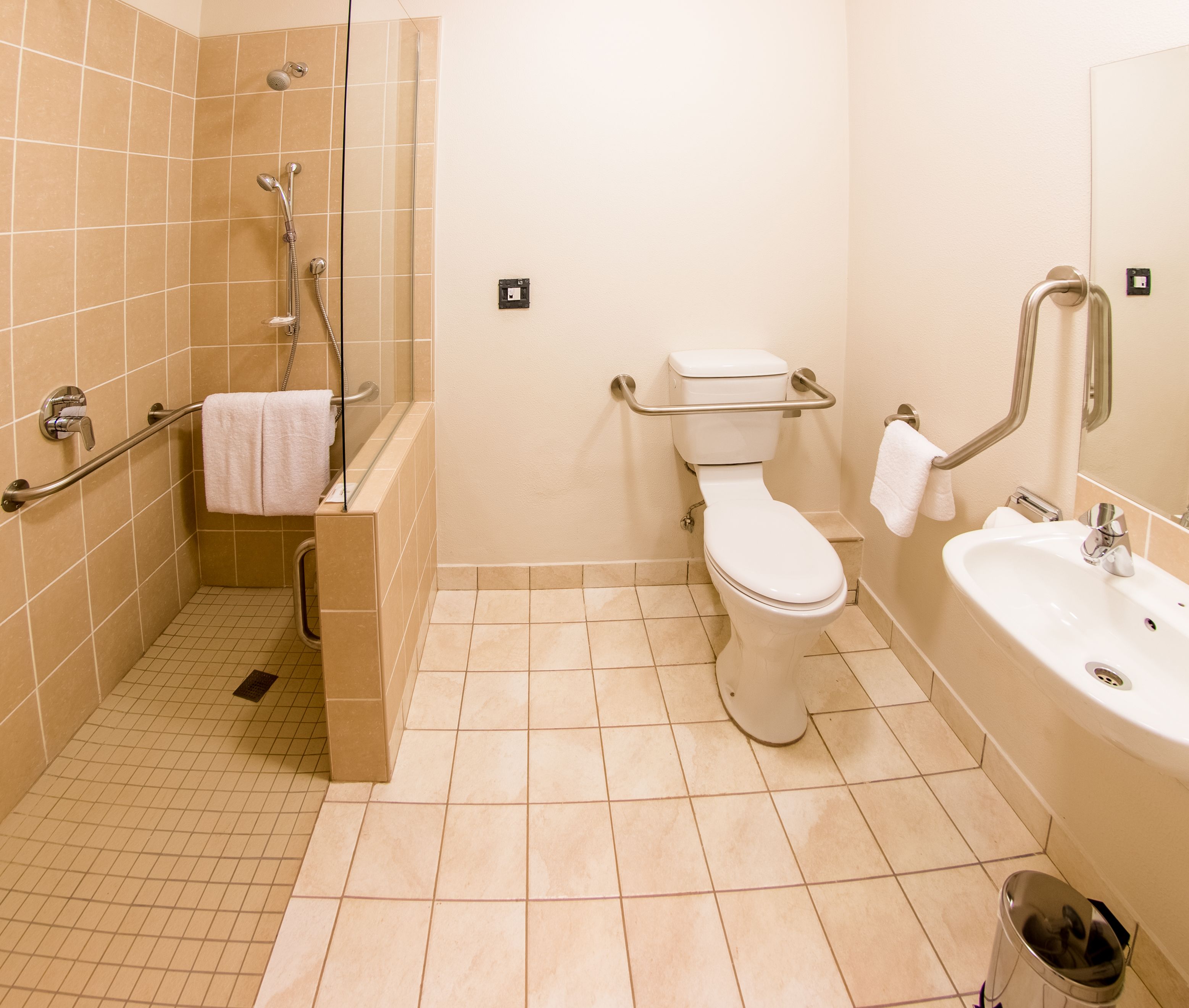 shower, towels, soap, toilet paper