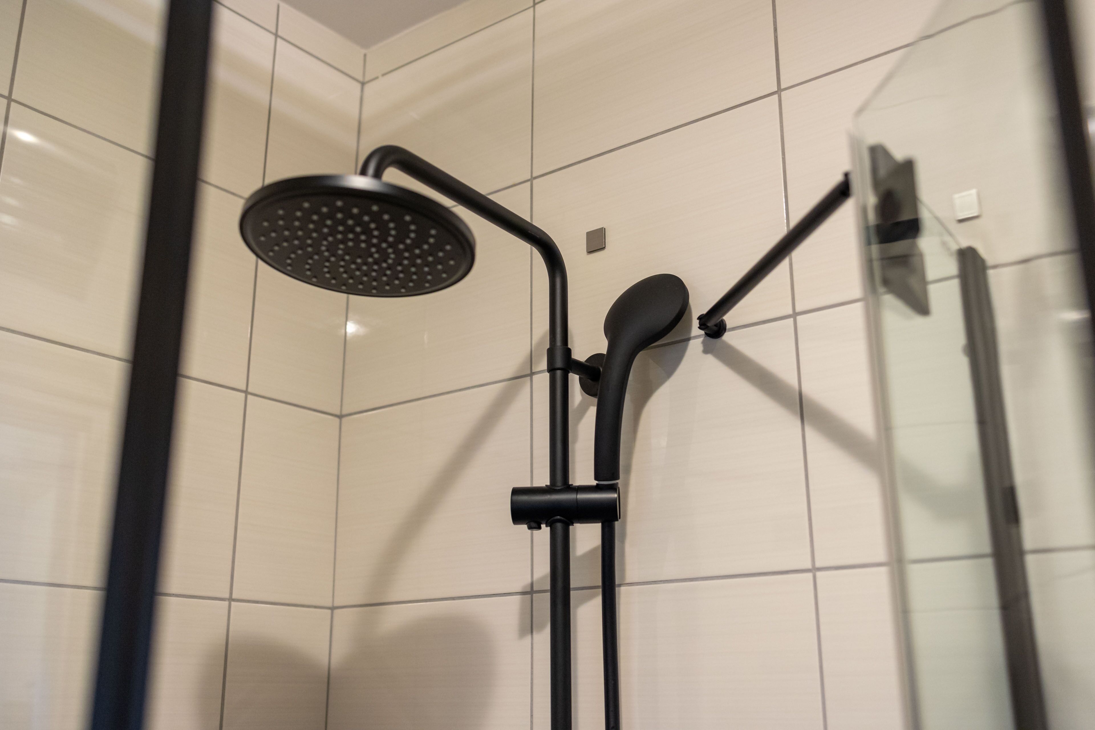 Eine moderne Dusche mit Handbrause und Deckenbrause, vor einer gefliesten Wand.