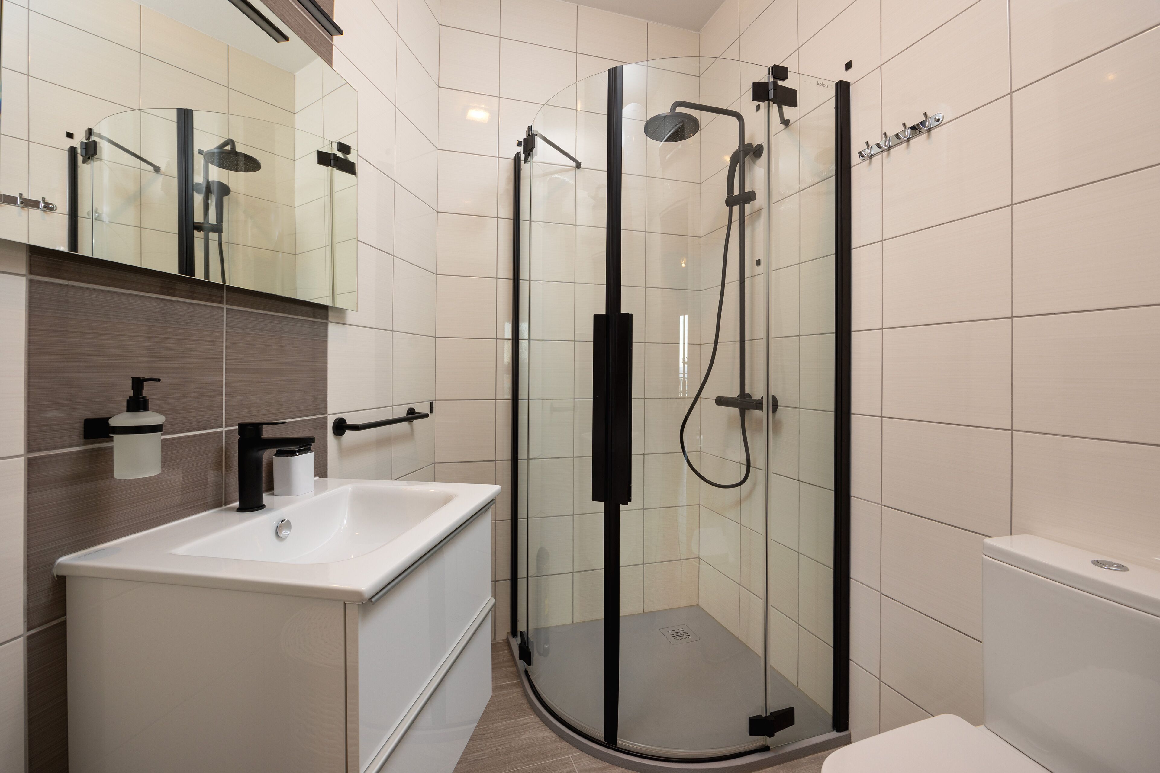 A modern bathroom with a glass-enclosed shower, a white sink, and a toilet.