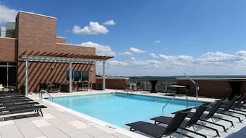 Seasonal outdoor pool, pool loungers