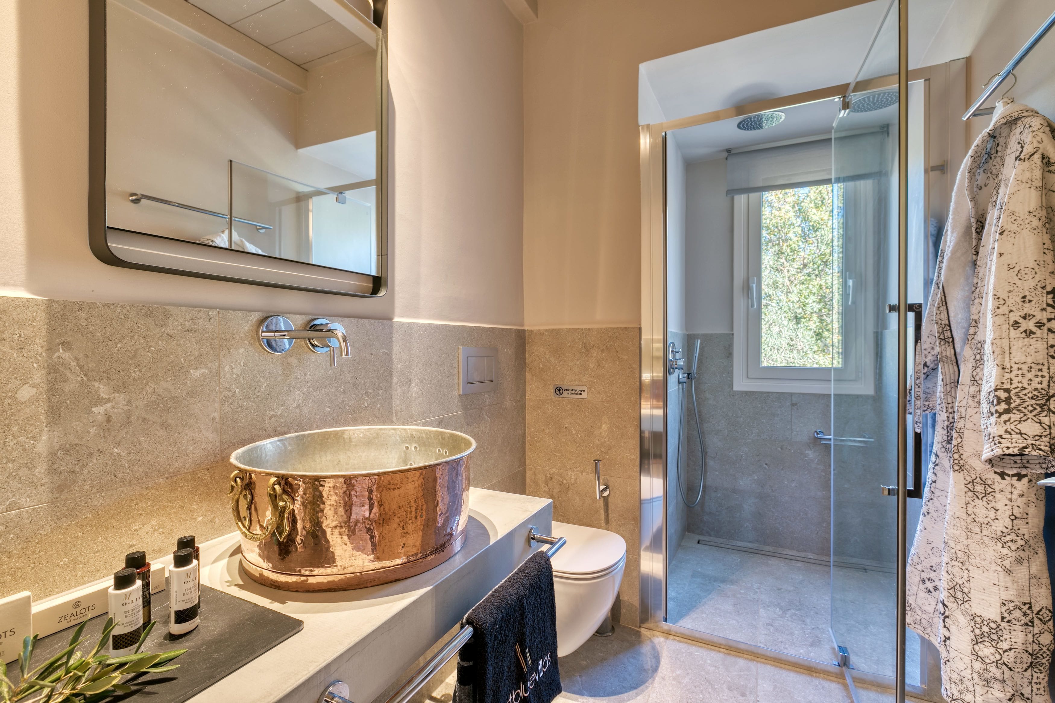 Une salle de bain avec un lavabo en cuivre, des toilettes, une douche et un miroir.