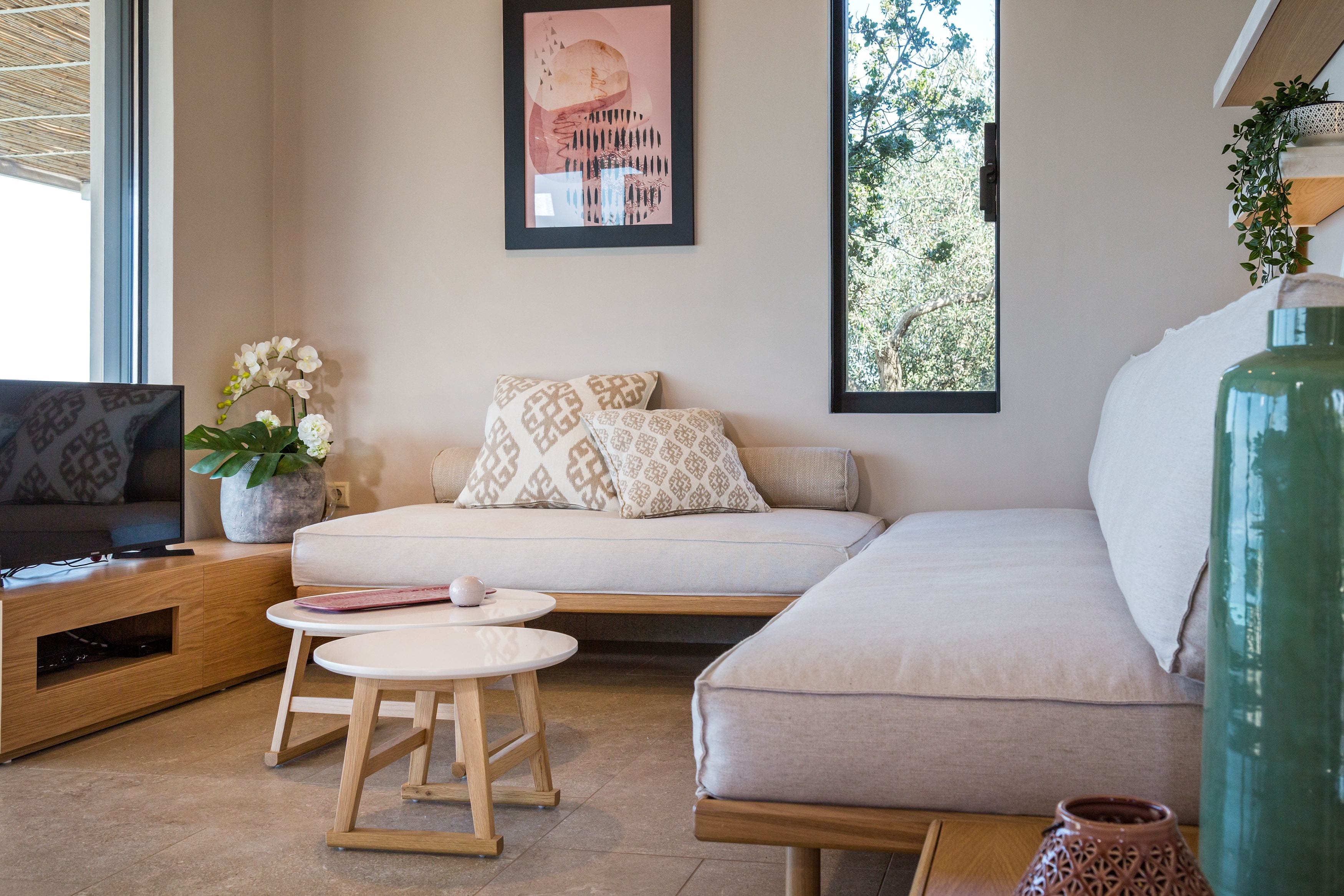 A modern living room with a sofa, a coffee table, and a TV.