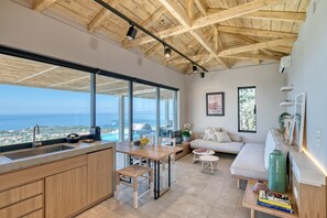 Residence with Private Heated Pool | Living room | Flat-screen TV, fireplace, DVD player - Art Blue Villas (Lefkada)