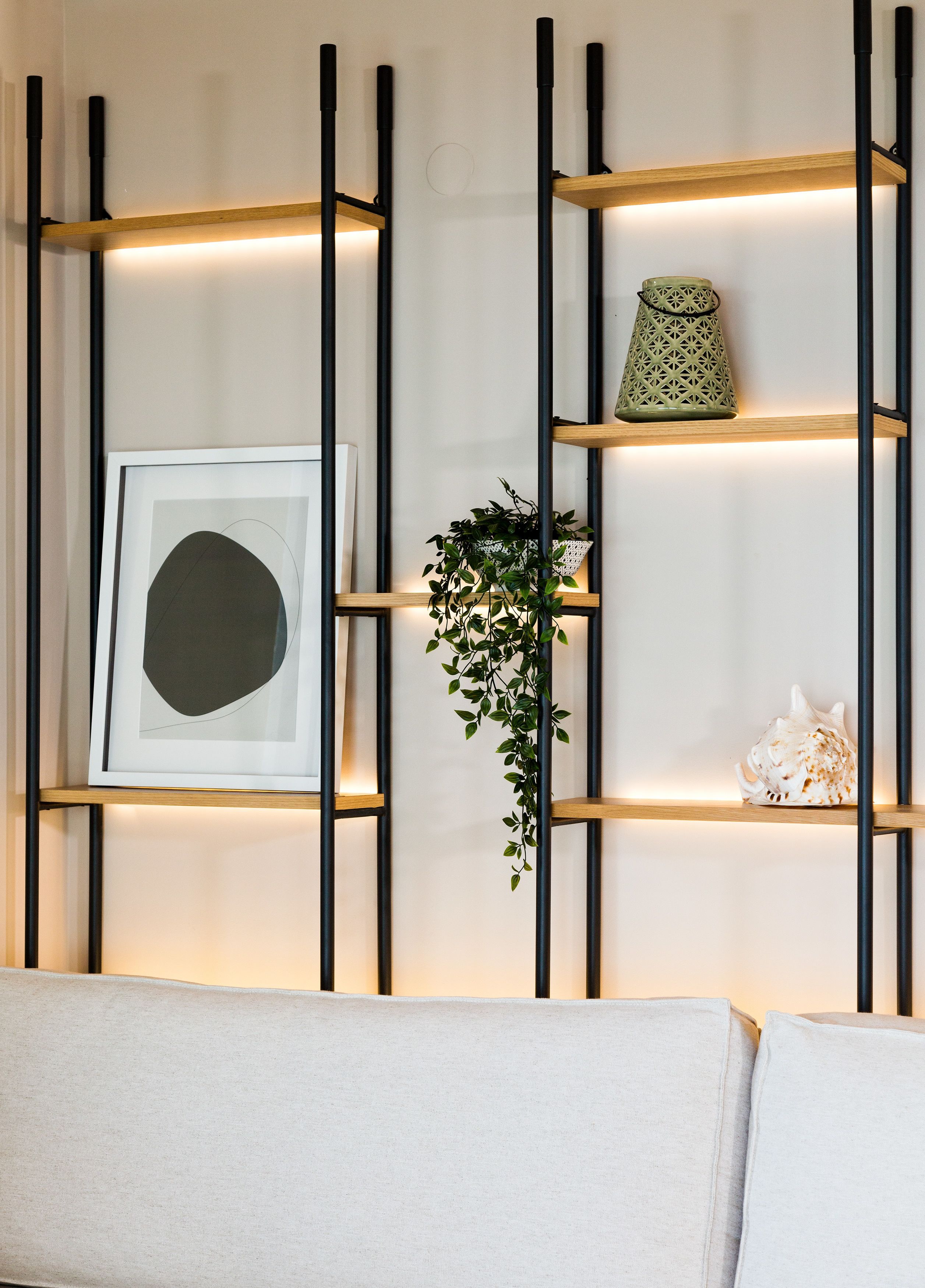 Una estantería de pared con una obra enmarcada, una planta en maceta y objetos decorativos.
