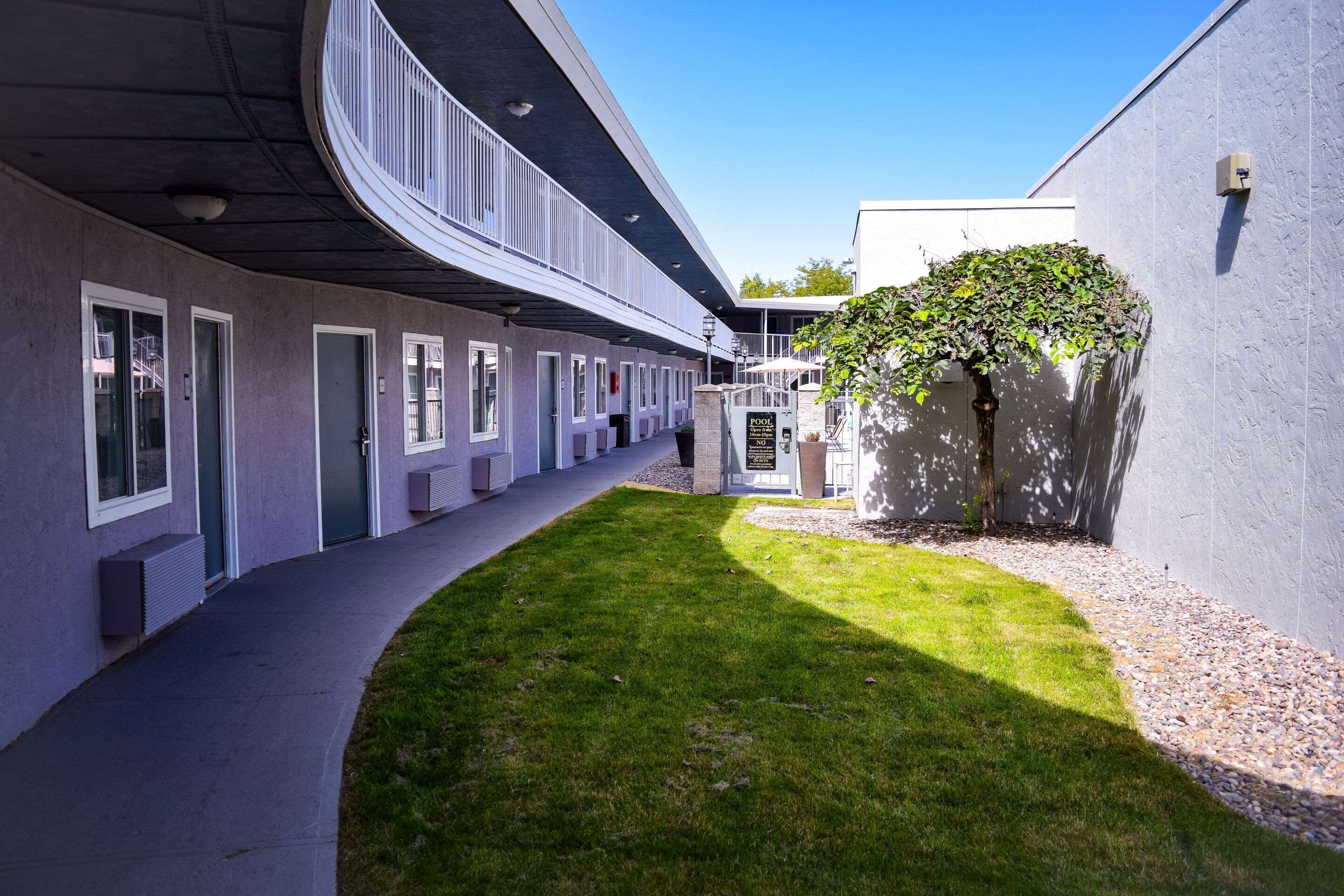 A modern building with a covered walkway, a well-maintained lawn, and a small tree.