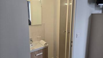 A bathroom with a shower, a sink, and a mirror.