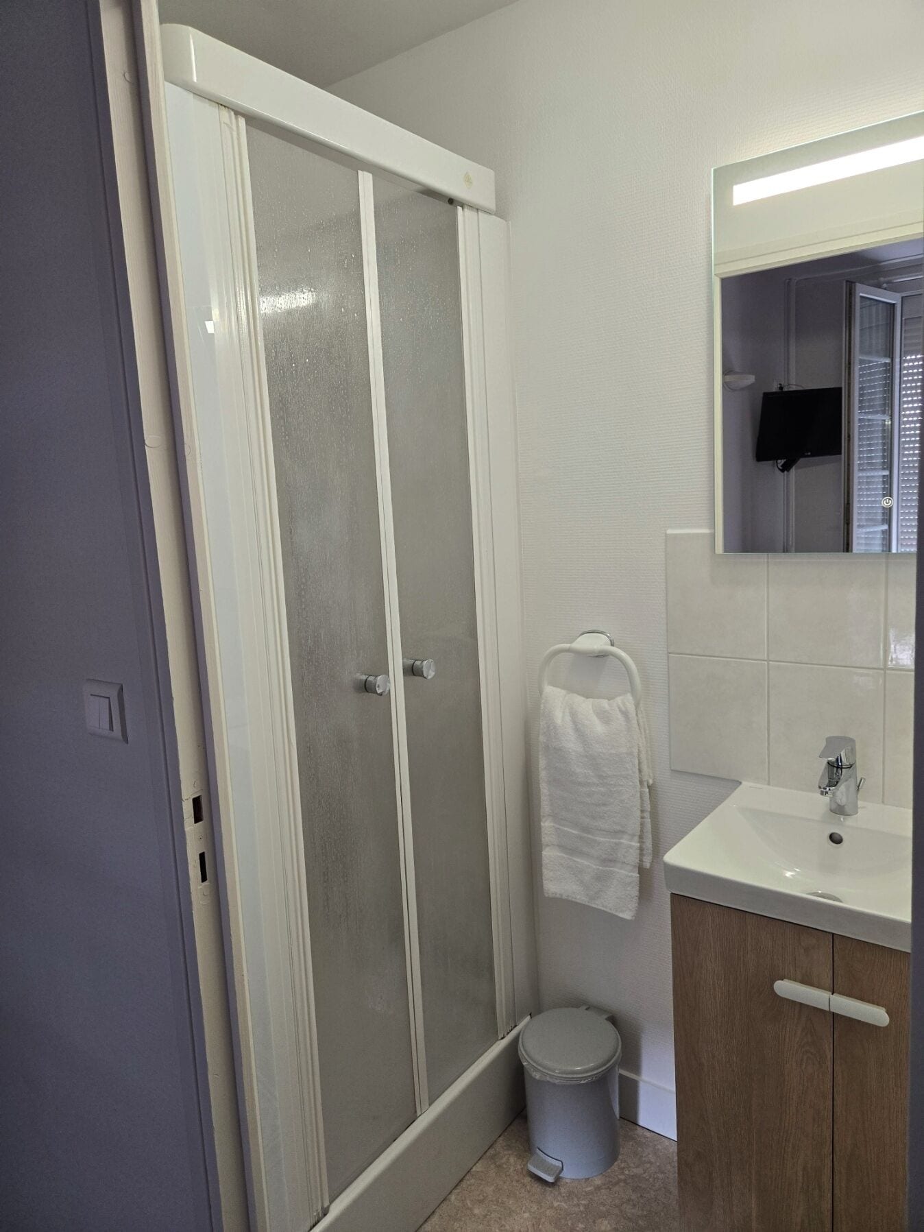 A bathroom with a shower, toilet, sink, and mirror.