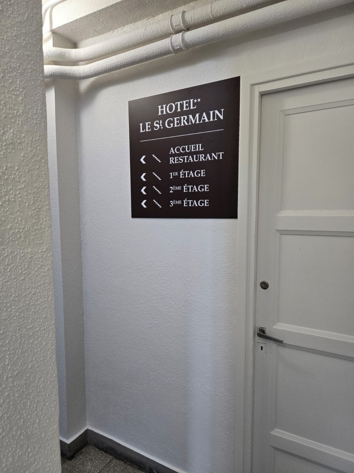 A wall sign with directional arrows pointing to the hotel reception, first, second, and third floors, and a restaurant.