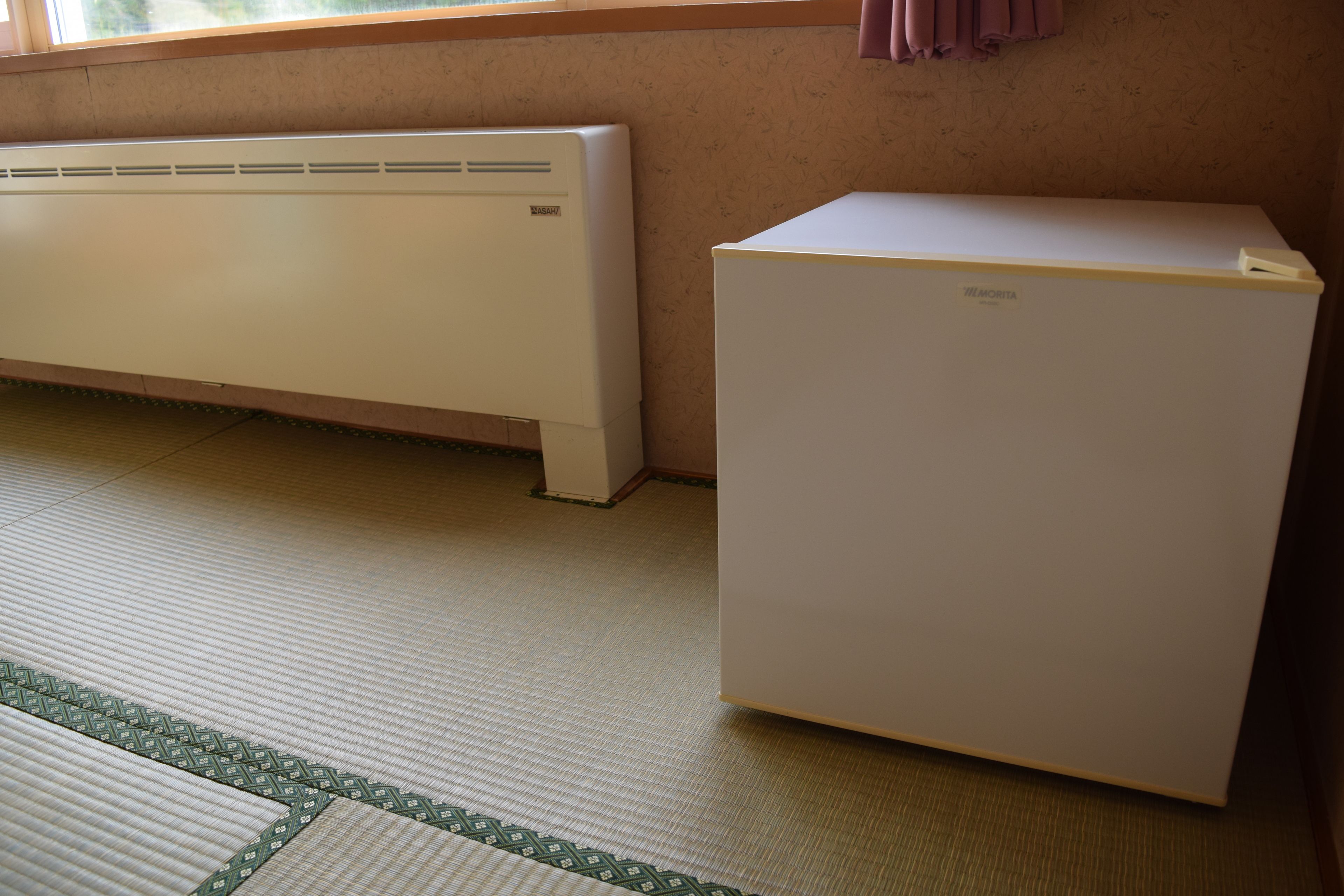 A room with a radiator and a refrigerator.
