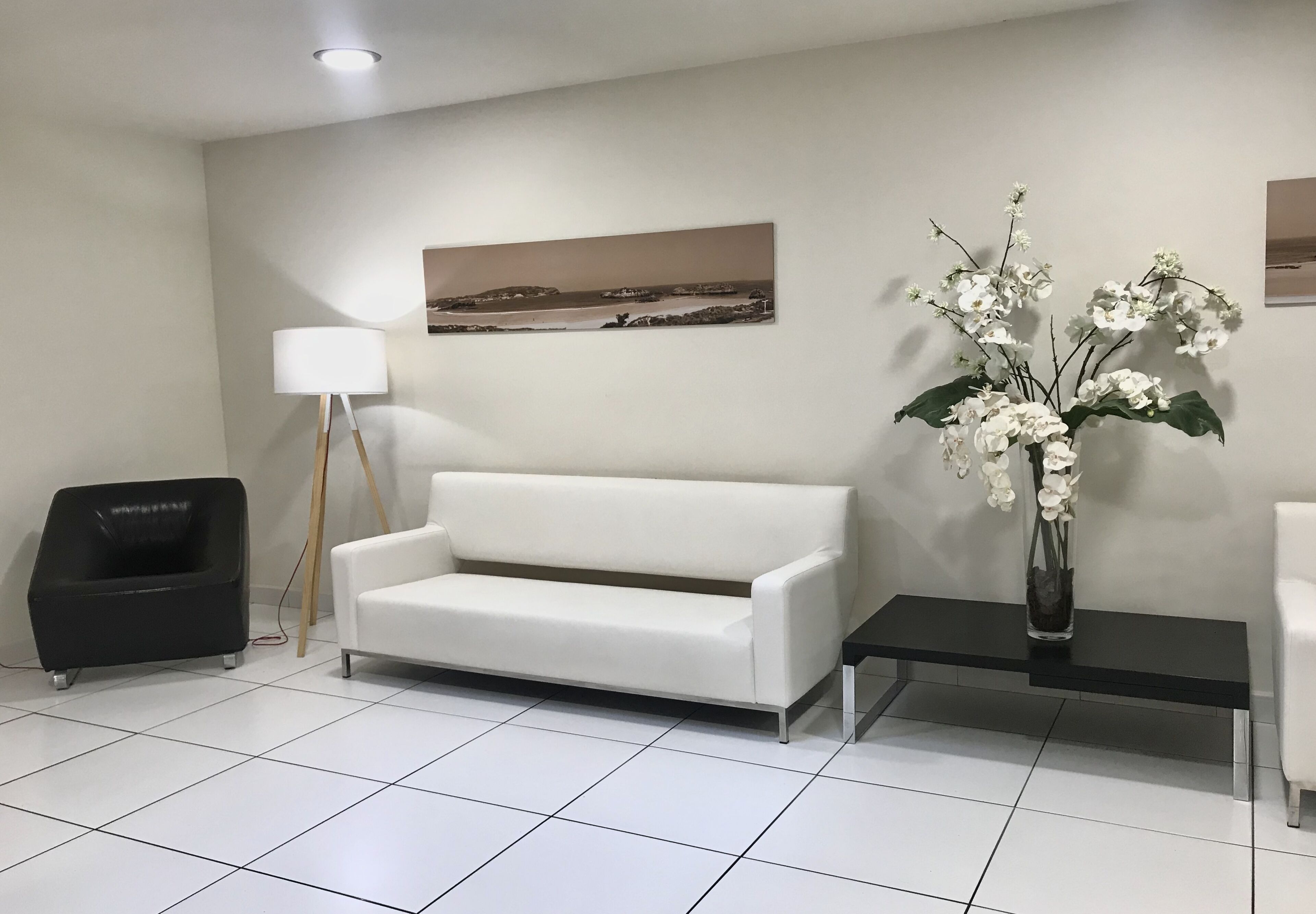 A modern living room with a white sofa, a black armchair, a floor lamp, a vase with white flowers, and a painting on the wall.