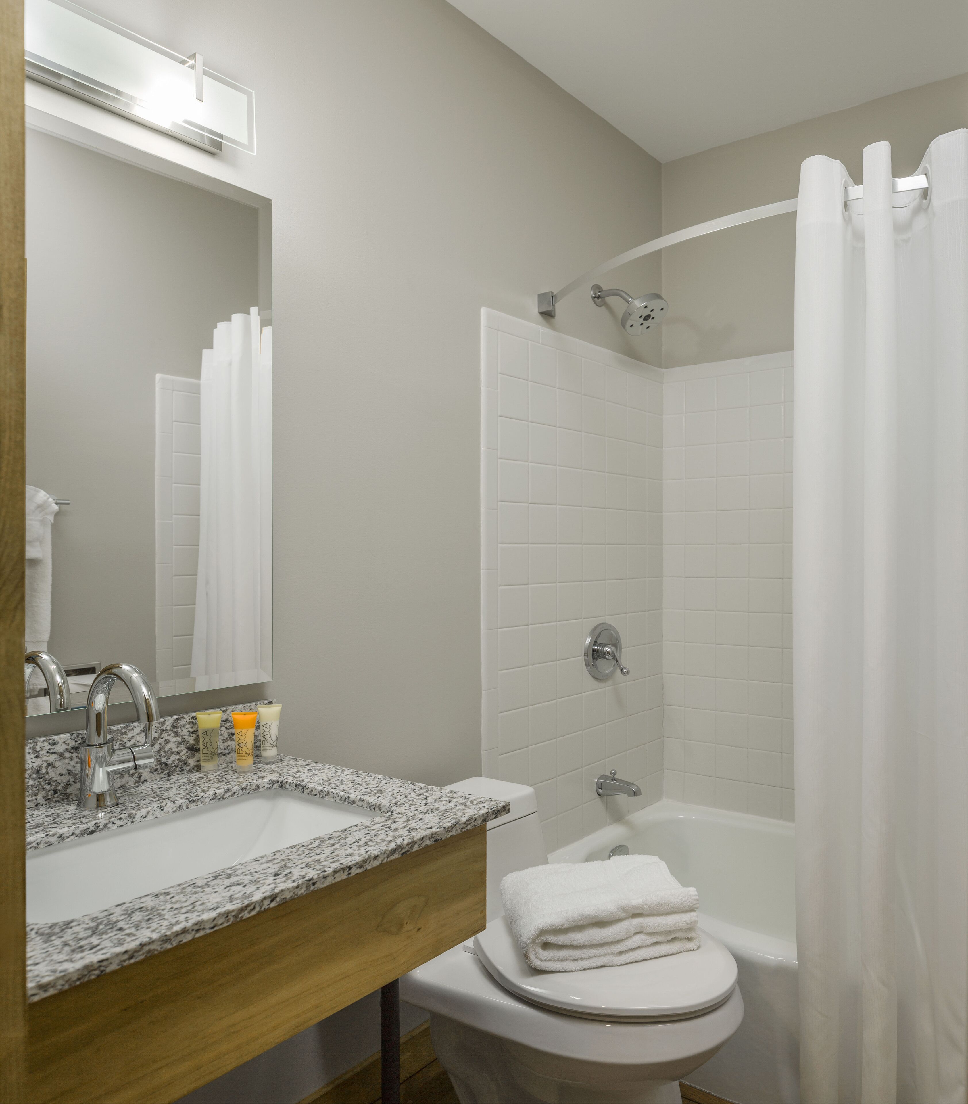 combined shower/bathtub, free toiletries, hair dryer, towels