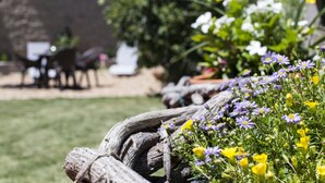 A garden with a wooden fence, various flowers, and outdoor furniture. - Posada Real del Buen Camino (Villanueva de Campean)