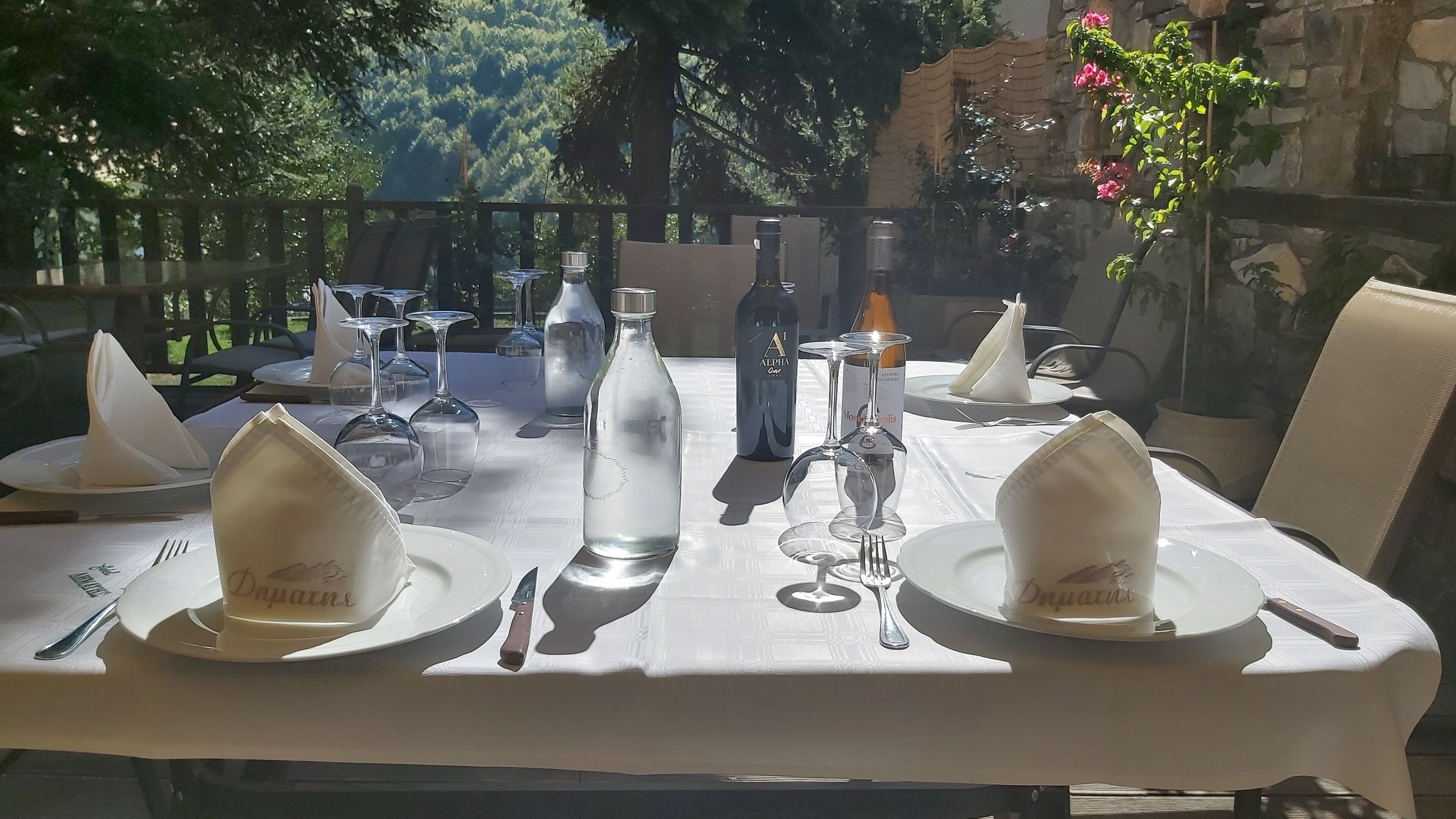 Une table dressée pour un repas en plein air, avec vue sur des arbres et un mur de pierres.