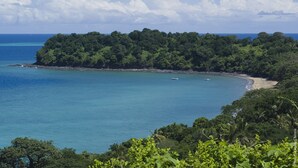 Een kustlandschap met een strand, weelderige begroeiing en helderblauw water.