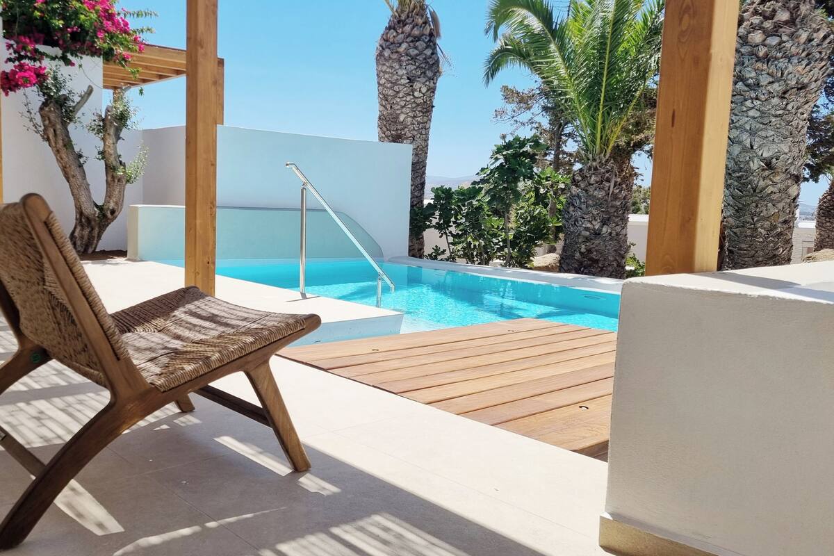 A wooden deck with a pool, a chair, and tropical plants.