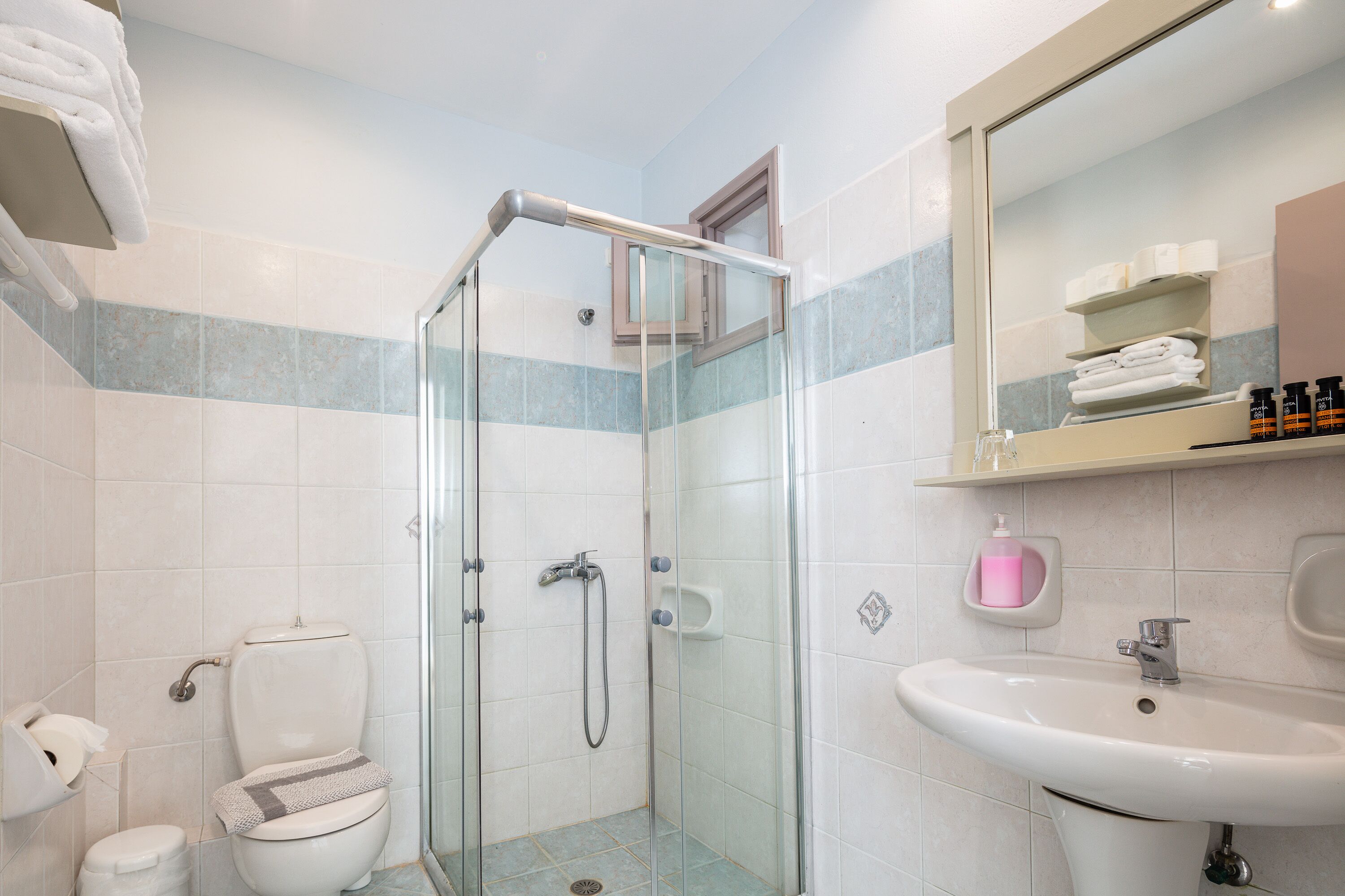 A bathroom with a glass-enclosed shower, a toilet, a sink, and a mirror.