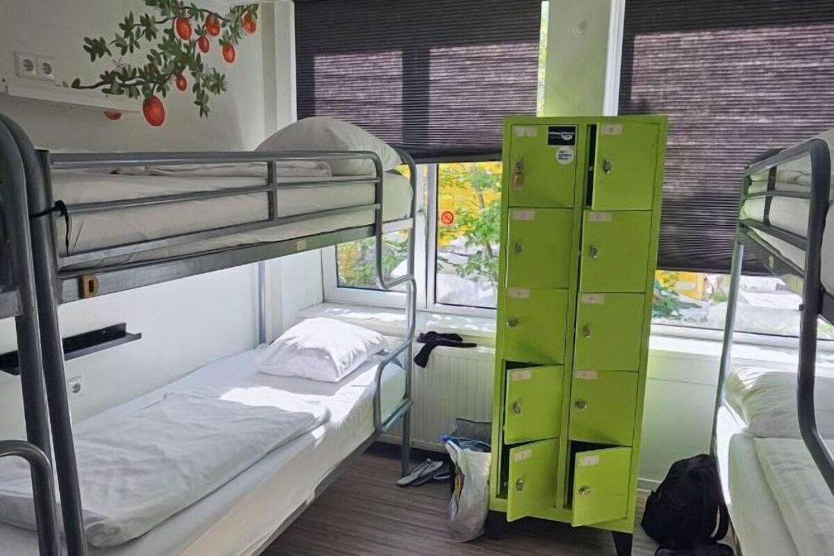 A dormitory room with bunk beds, a green storage unit, and a window with blinds.