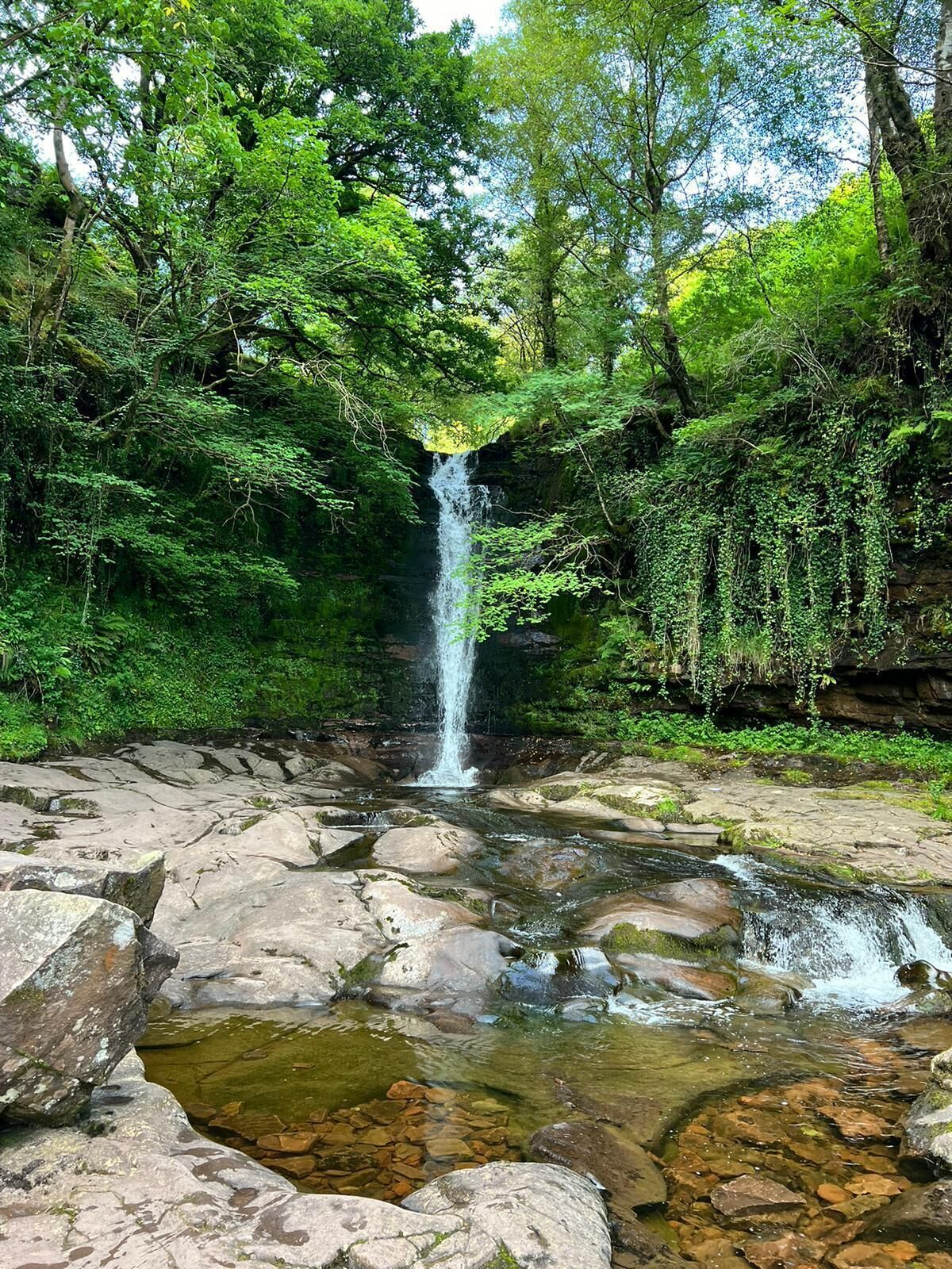 A waterfall surrounded by lush greenery and rocky terrain.