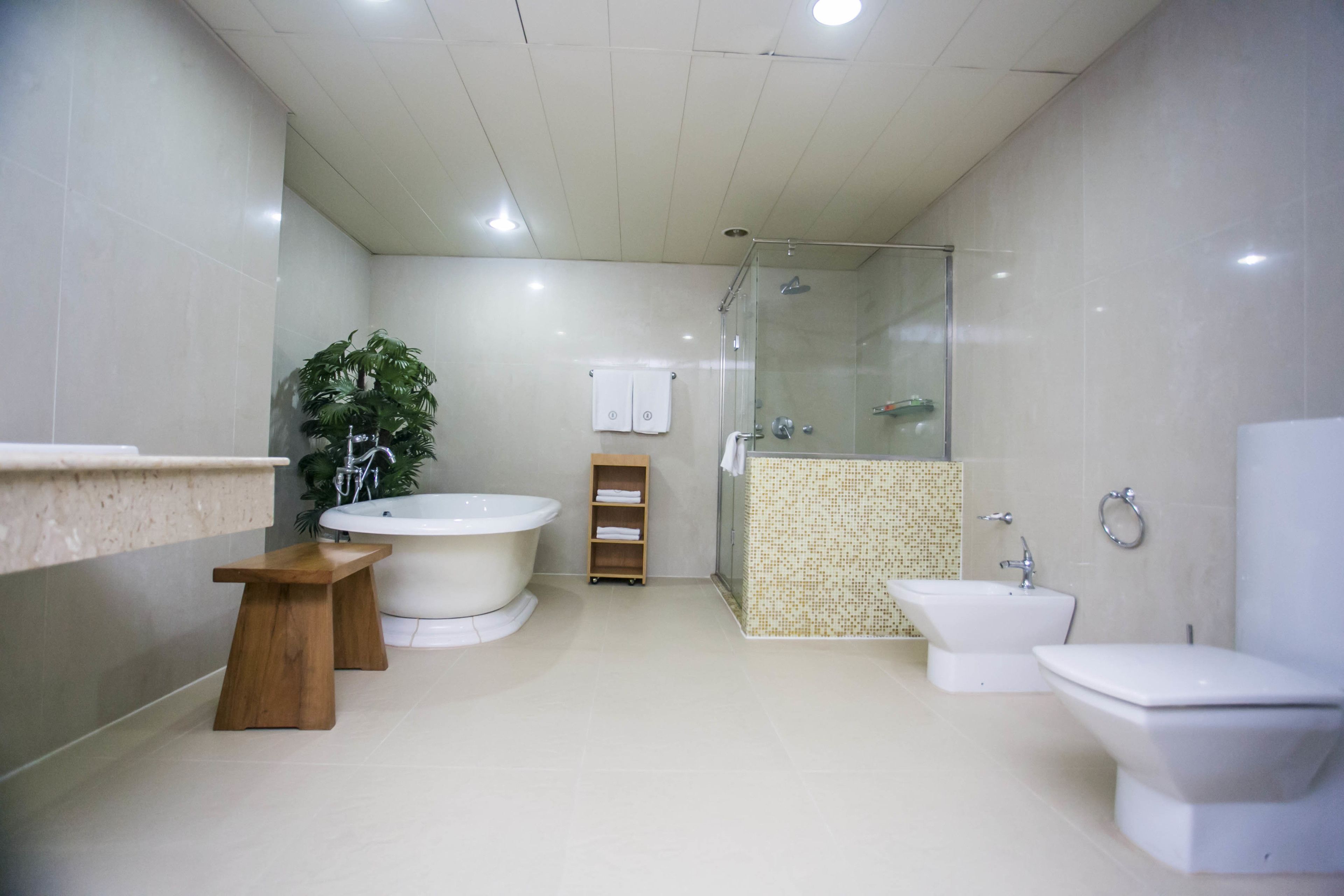 A modern bathroom with a bathtub, a glass-enclosed shower, a sink, and a toilet.