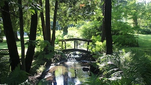 Un jardín tranquilo con un pequeño puente sobre un arroyo, rodeado de abundante vegetación y altos árboles.