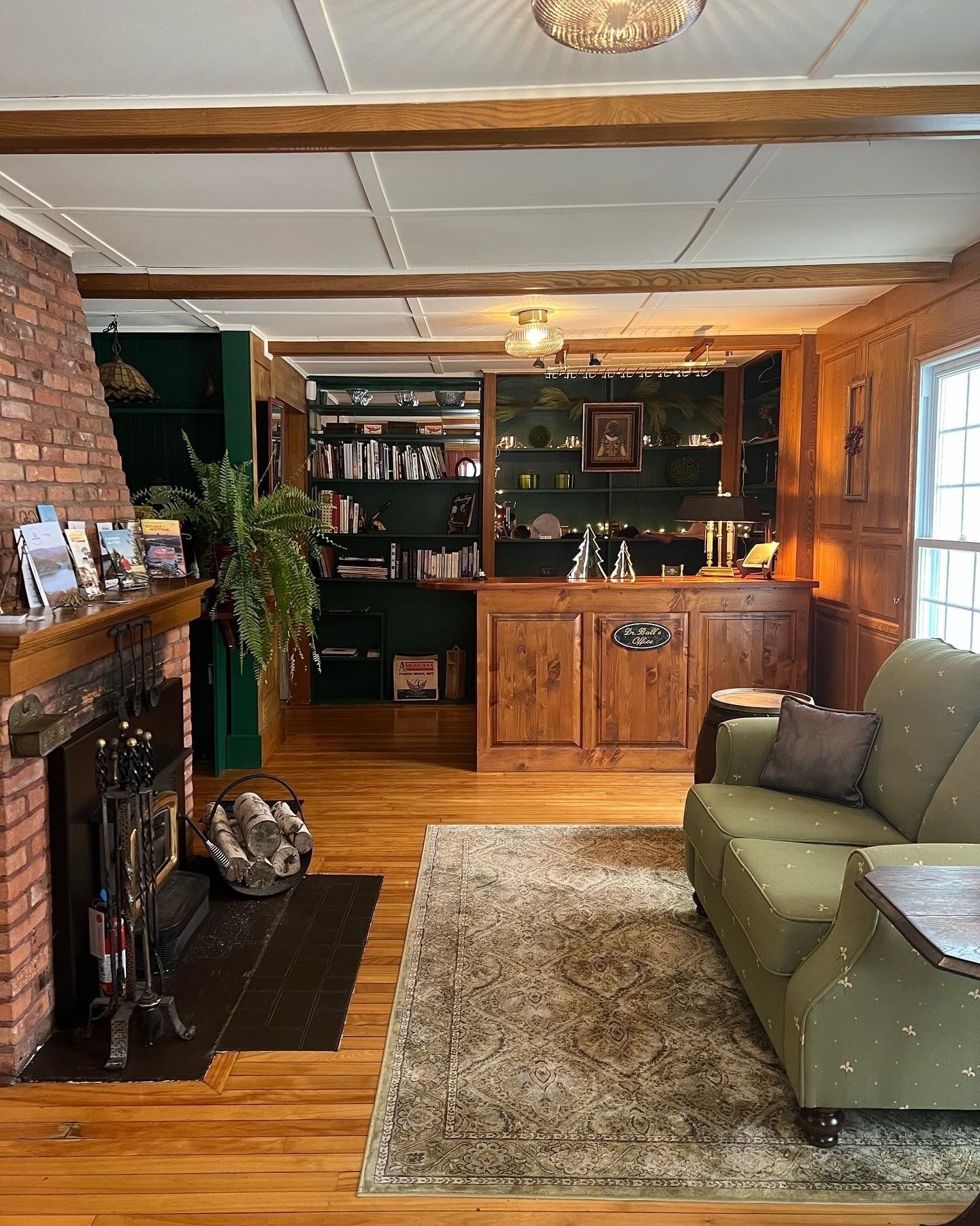 Een gezellige woonkamer met een open haard, een groene bank, een houten salontafel en een boekenkast vol boeken en decoratieve objecten.