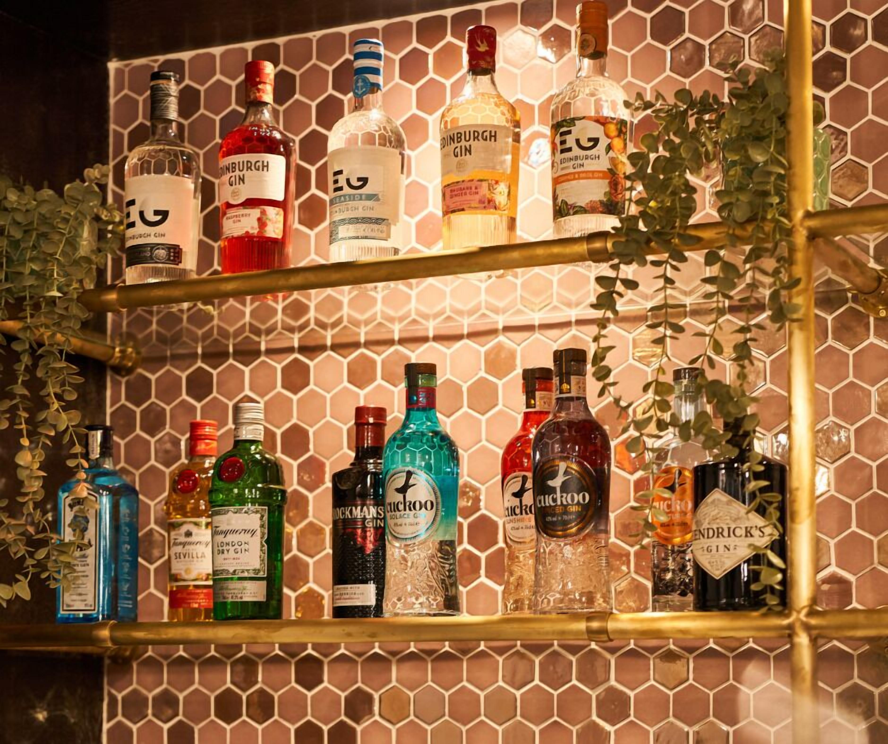 A bar area with multiple shelves of various gin bottles.
