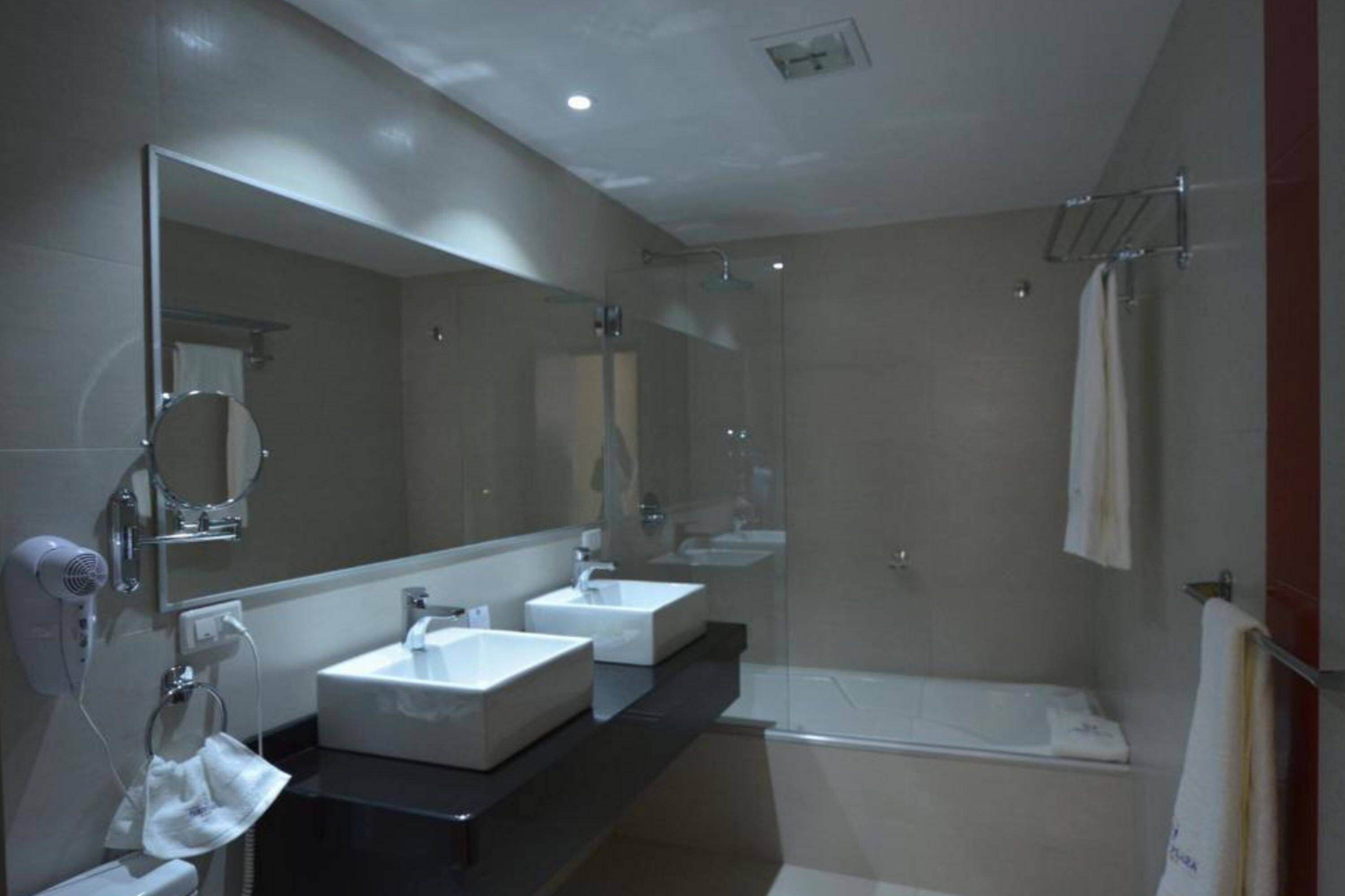 combined shower/bathtub, free toiletries, hair dryer, towels