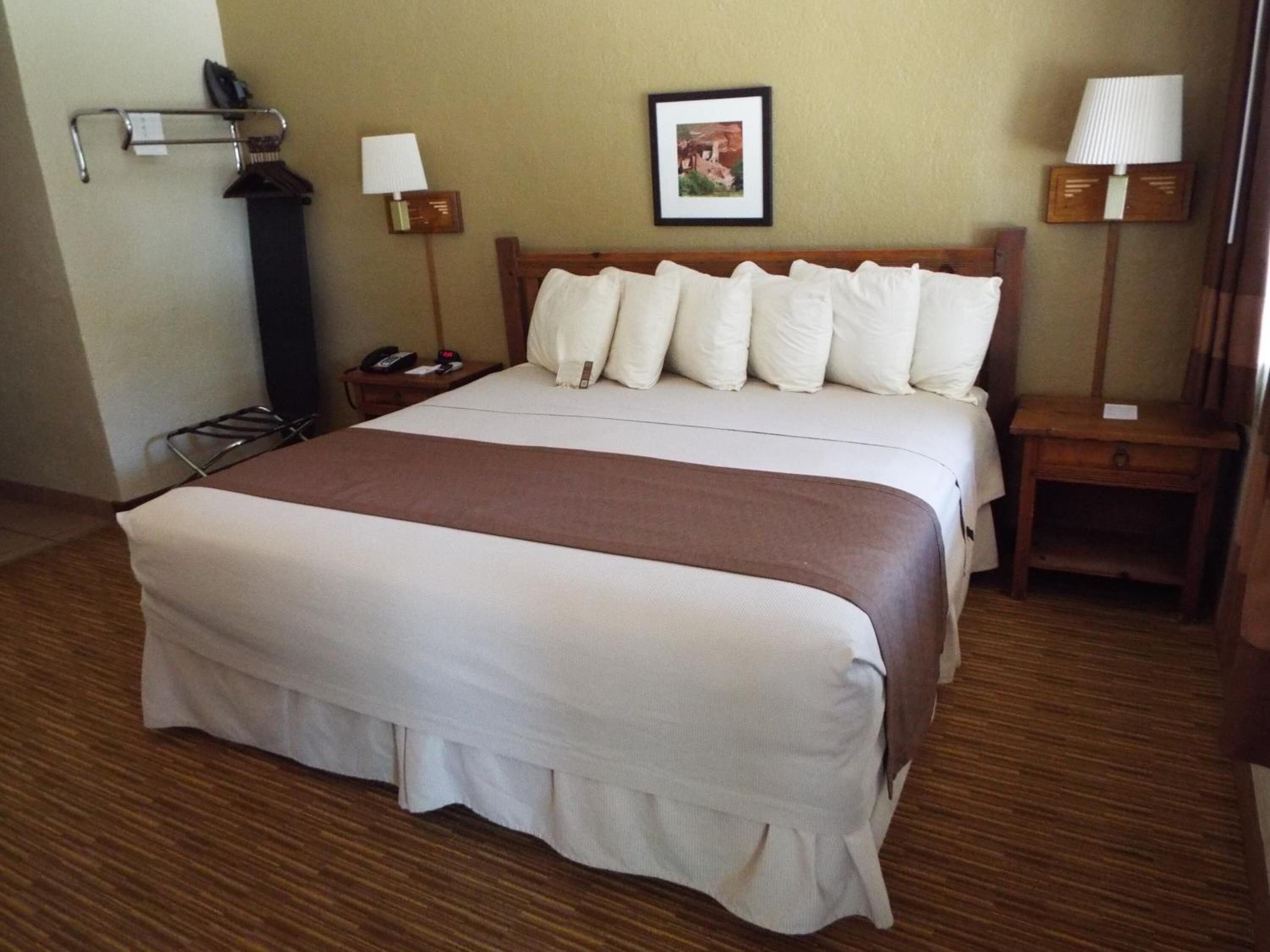 A neatly made bed with a brown bedspread and white pillows, a bedside table with a lamp, a framed picture on the wall, and a coat rack with hangers.