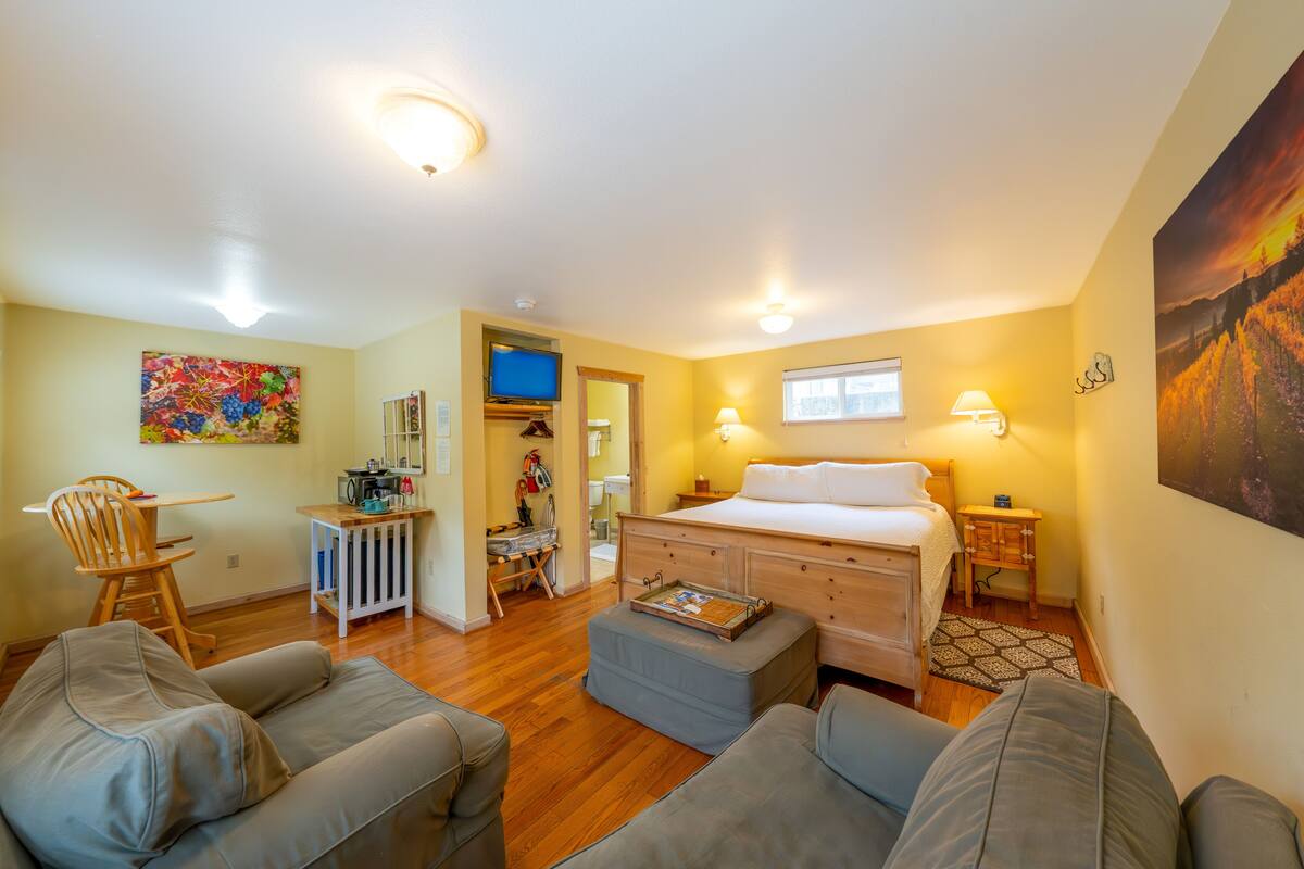 A compact room with a bed, two sofas, a small table, and a TV.