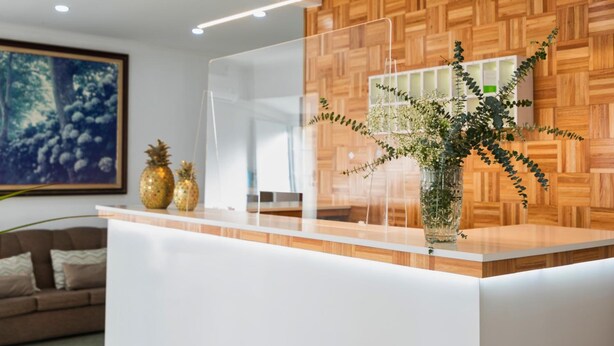 A reception desk with a wooden panel wall, a glass partition, and a potted plant. - Hotel São Miguel (Ponta Delgada)