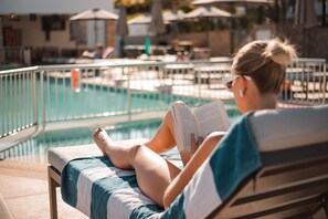 Outdoor pool, pool umbrellas, pool loungers