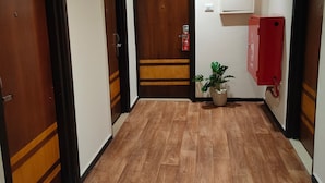 A hallway with wooden flooring, a potted plant, and a fire extinguisher.