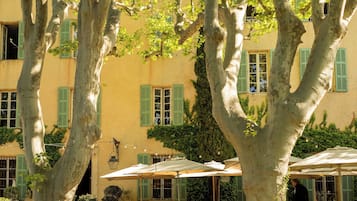 A courtyard with large trees, outdoor seating, and a building with green shutters.