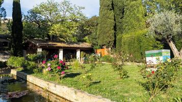 A garden with a pond, a small wooden structure, and various plants and flowers.