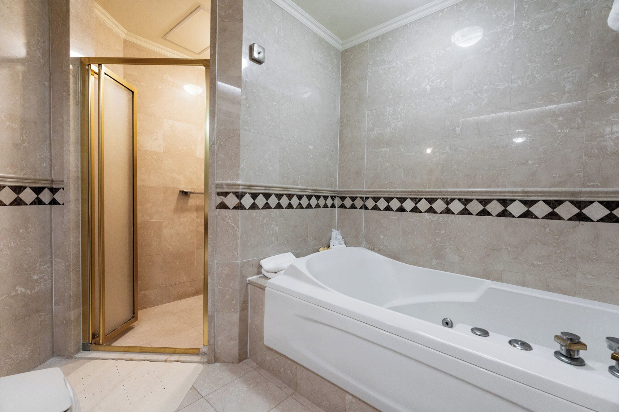 A modern bathroom with a walk-in shower, a large bathtub, and a toilet.