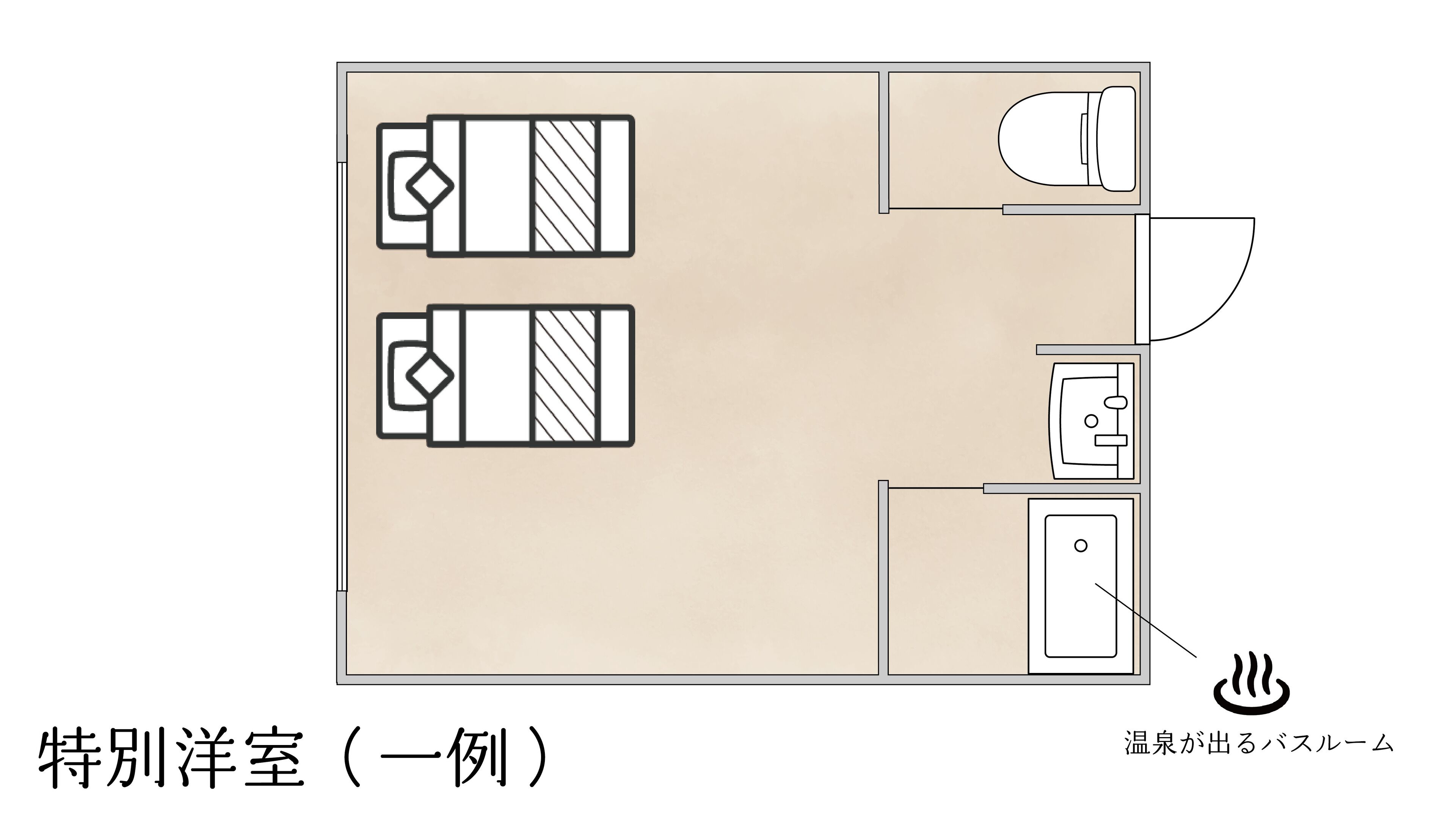 A hotel room layout with two beds, a bathroom, and a kitchenette.
