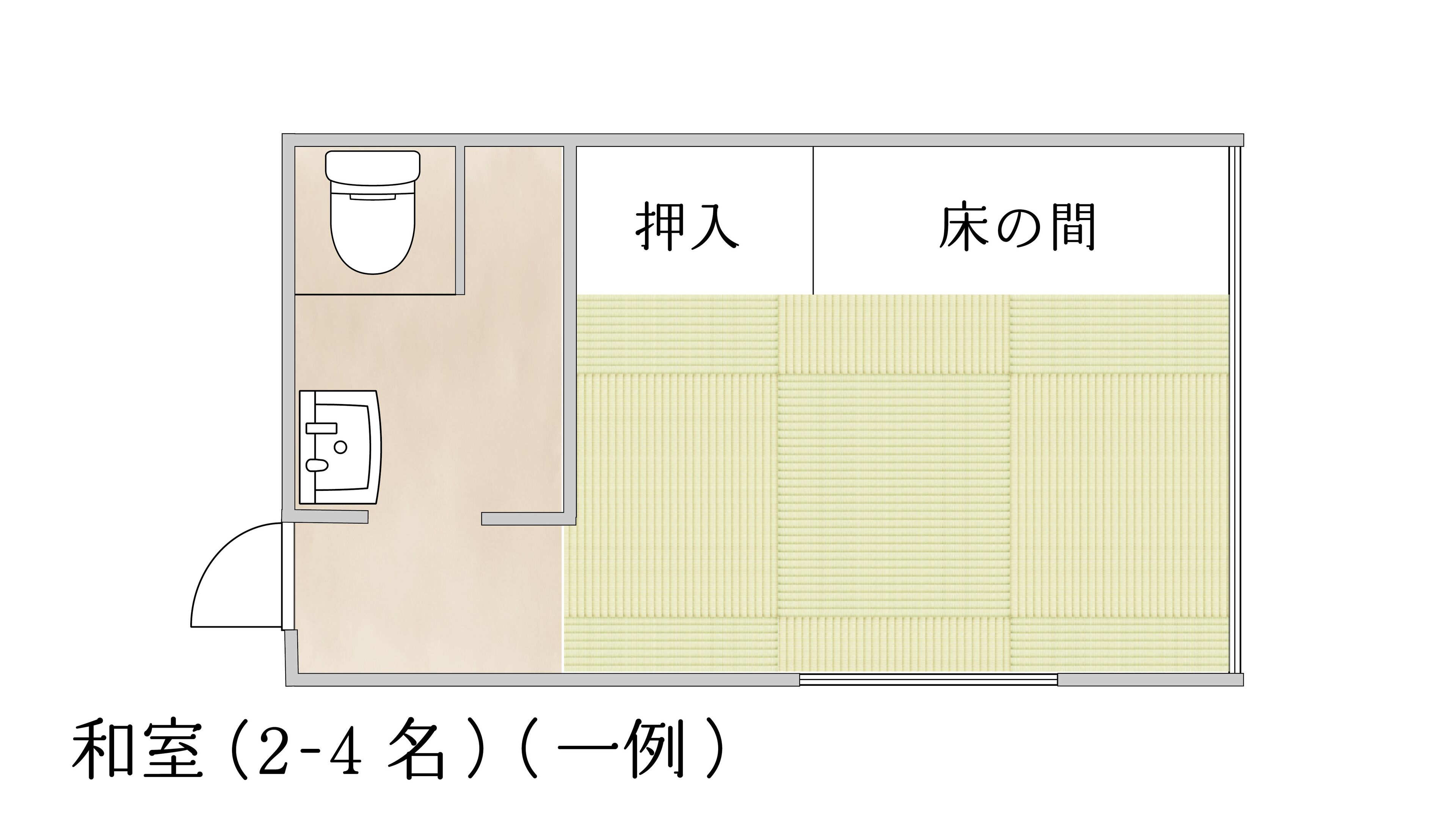 Distribución de una habitación de hotel con inodoro, caja fuerte y zona de camas.