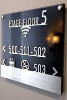 A sign indicating the location of the stage floor and providing directional arrows and phone numbers.