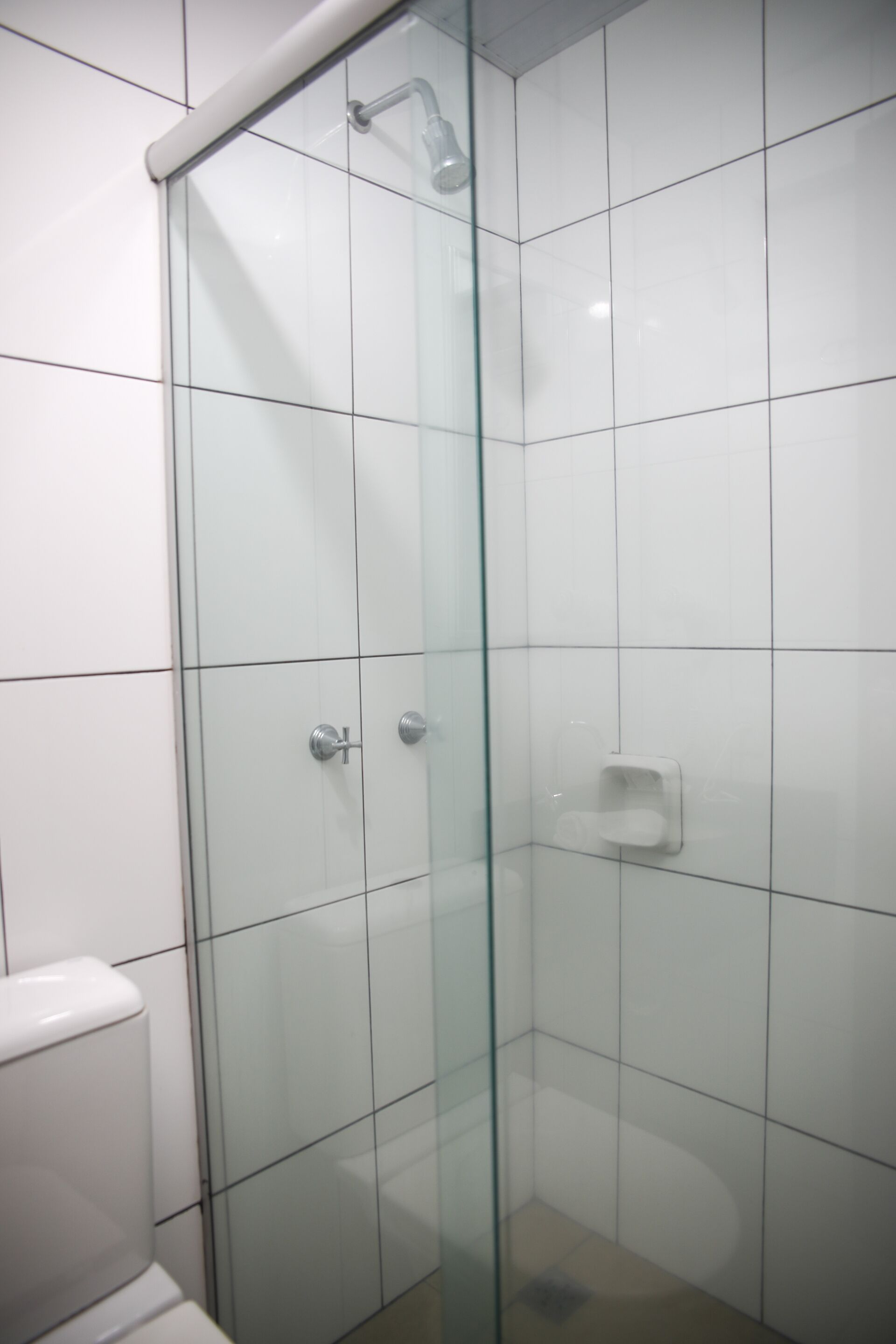 Cabina doccia con pareti in vetro, piastrelle bianche, un water e un divisorio in vetro.