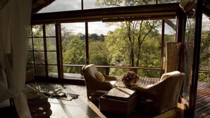 A room with large windows, wicker furniture, and a view of trees. - Sango Wildlife Lodge (Save Valley Conservancy)