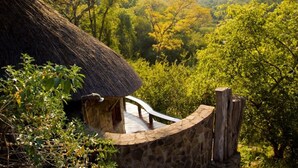 A thatched-roof structure with a stone wall and wooden railing, overlooking a forested landscape. - Sango Wildlife Lodge (Save Valley Conservancy)