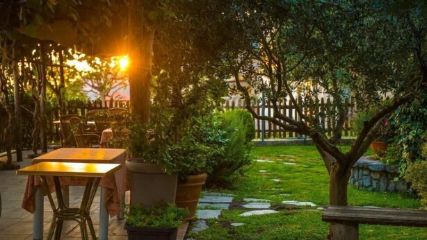 Une terrasse extérieure avec une table et des chaises, entourée de plantes en pot et bordée d’un chemin de pierres.